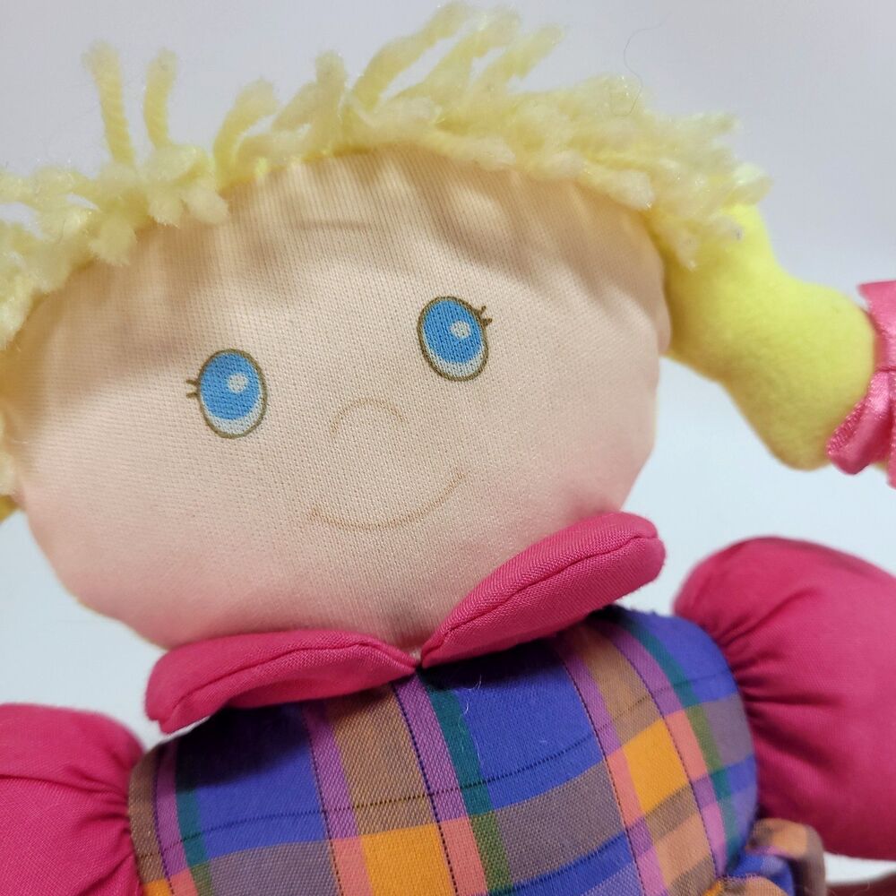 Eden Clothe Doll Blonde Stuffed Girl 10" Toy Plaid Dress Pigtails Bows - Picture 2 of 10